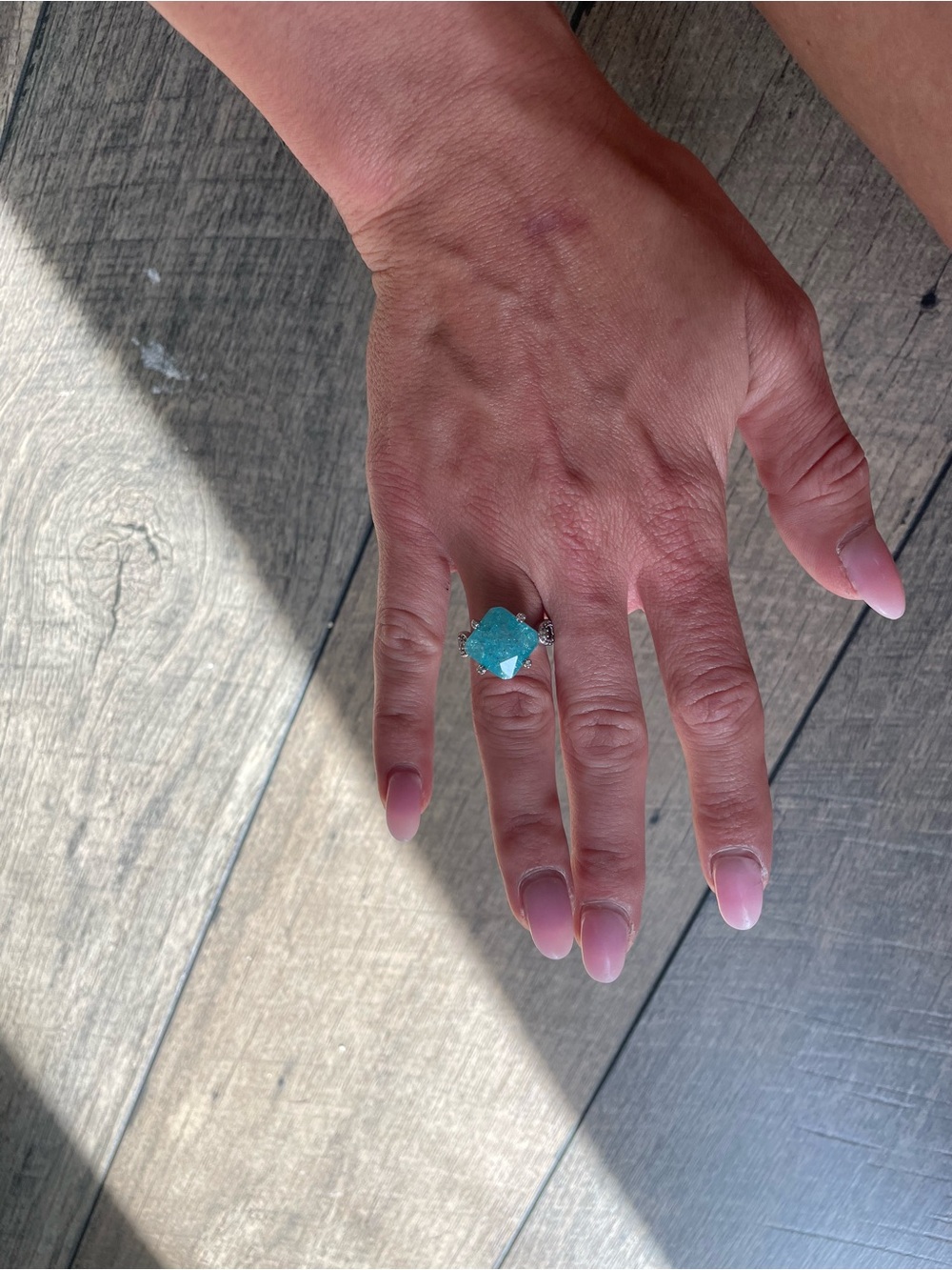 Lab created Blue Topaz Ice Crystal ring with rhodium plating